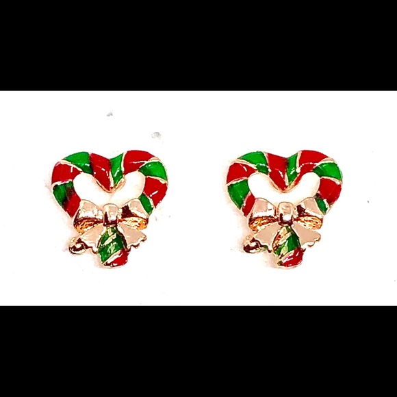 Christmas Red Green Enamel Candy Cane Heart w/ Bow Rose Gold Tone Stud Earrings - Picture 3 of 4